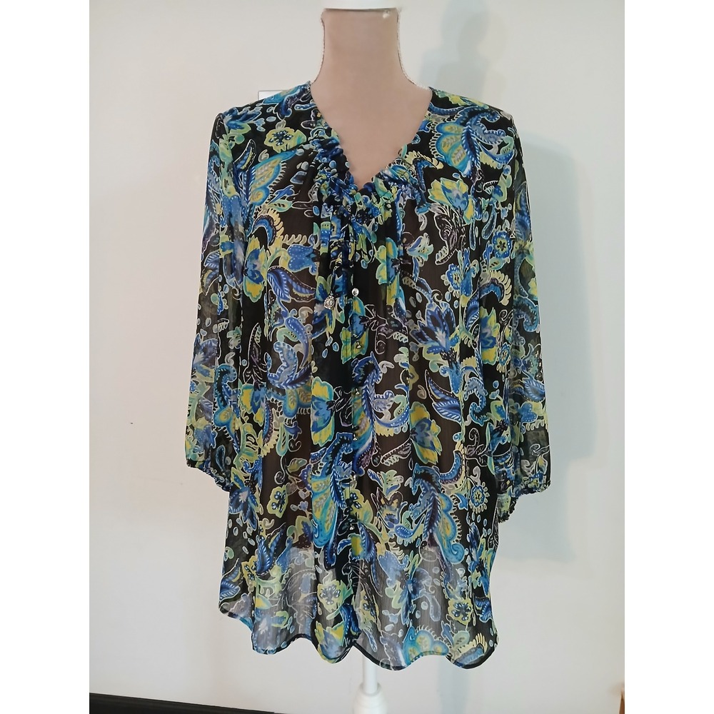 Susan Graver Womens XL Blue Green Paisley Chiffon Tie Neck Tunic Blouse Button